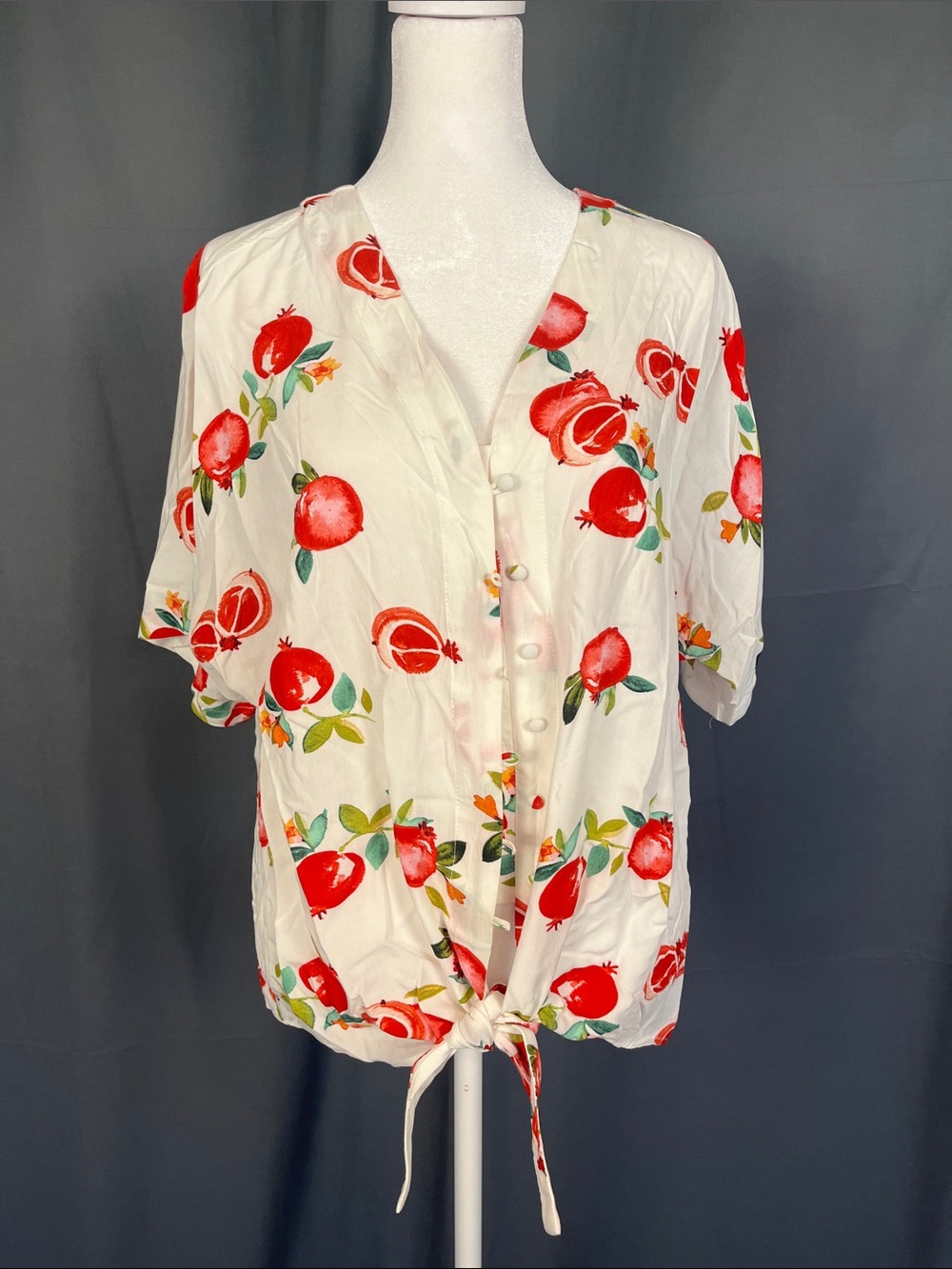 Velvet Heart White Blouse with Red Pomegranate Print